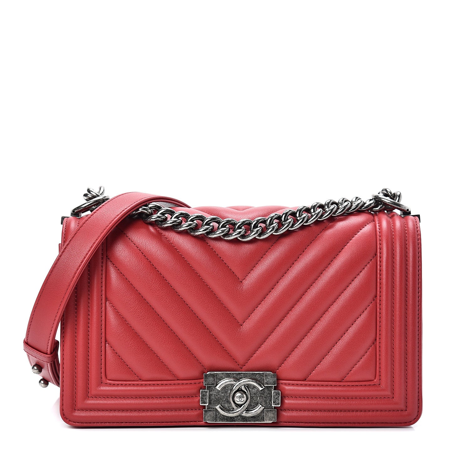 Calfskin Chevron Quilted Medium Boy Flap Dark Red
