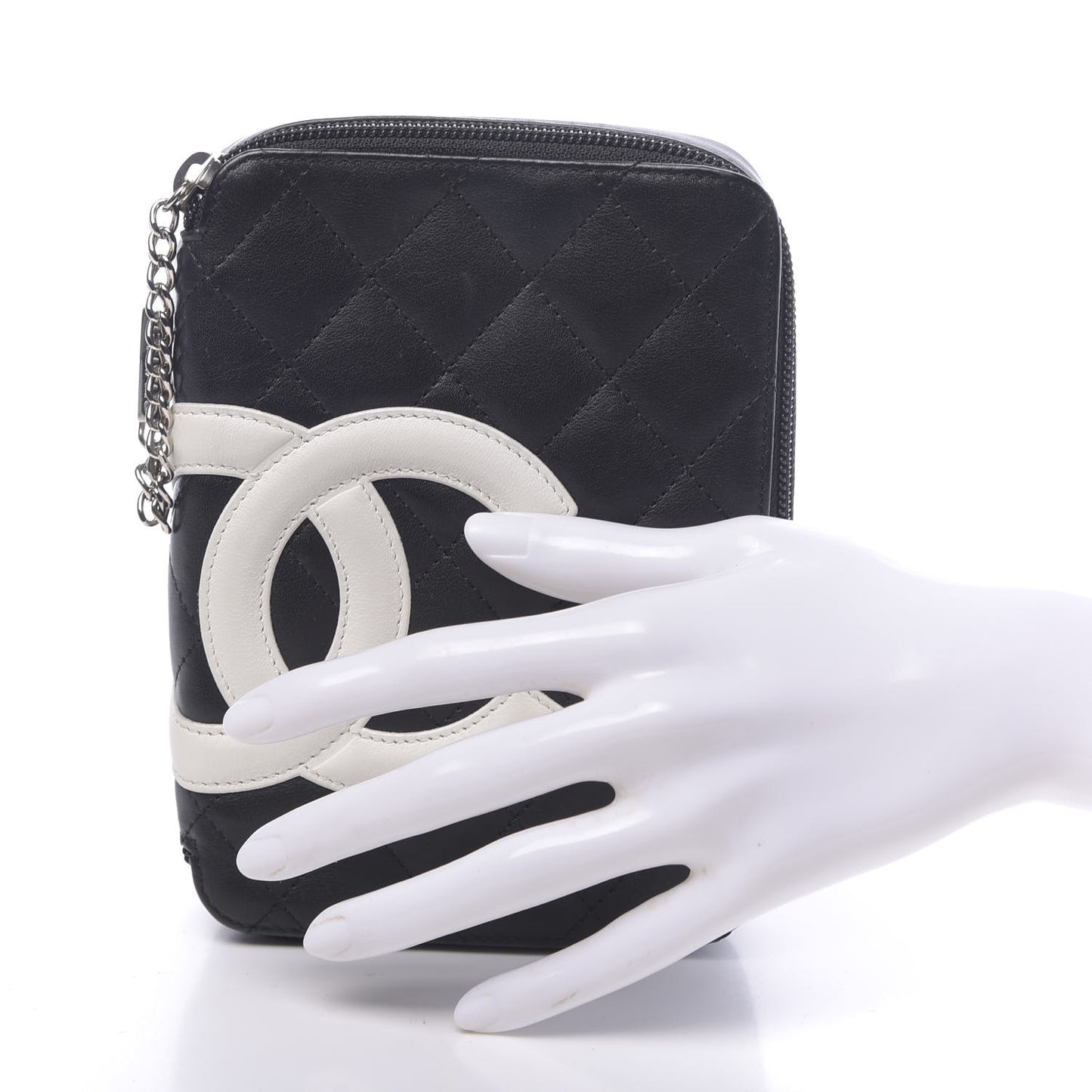 Calfskin Quilted Cambon Zip Around Cosmetic Pouch Black