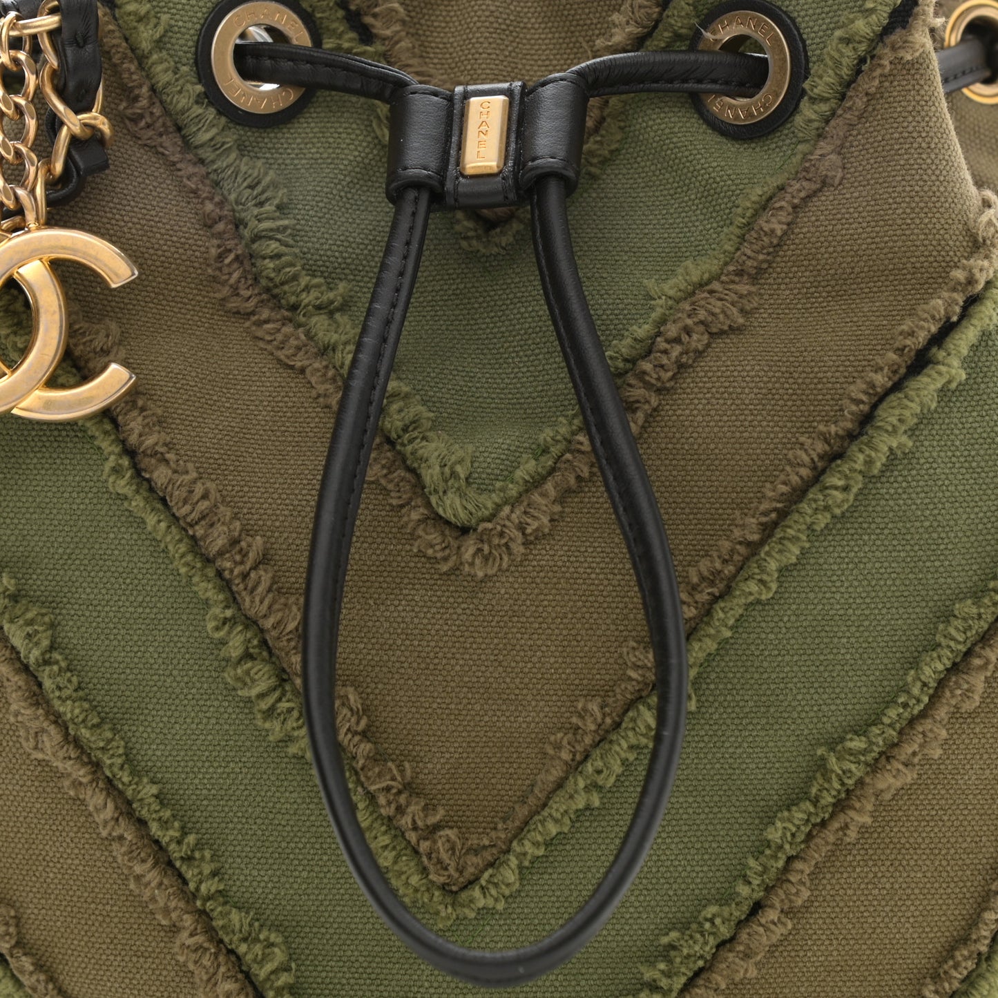 Canvas Chevron Cuba Patchwork Bucket Bag Khaki