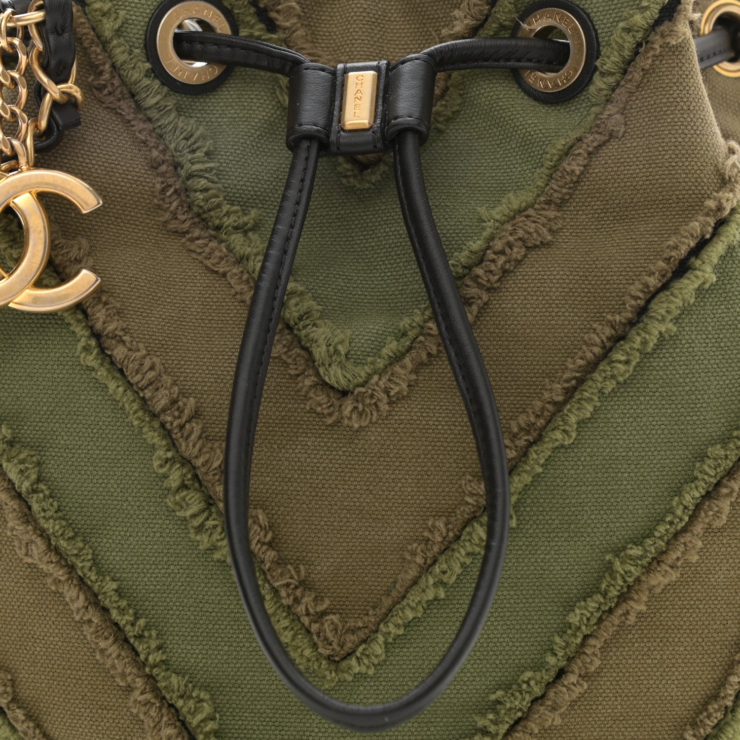 Chanel Canvas Chevron Cuba Patchwork Bucket Bag Khaki 8 of 9