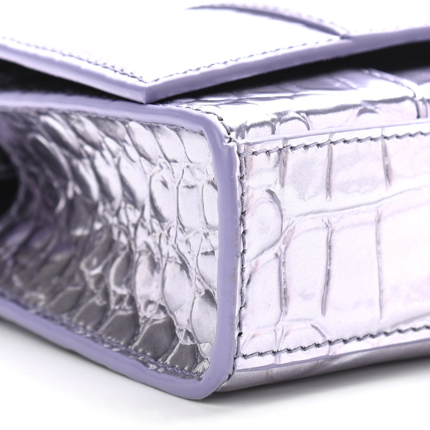 Shiny Metallic Calfskin Crocodile Embossed Hourglass Chain Bag Lilac