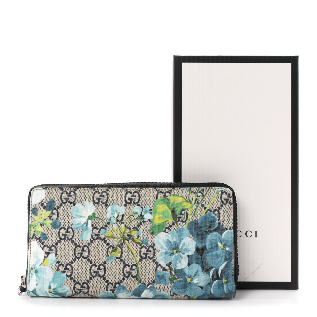 GG Supreme Monogram Blooms Zip Around Wallet Blue