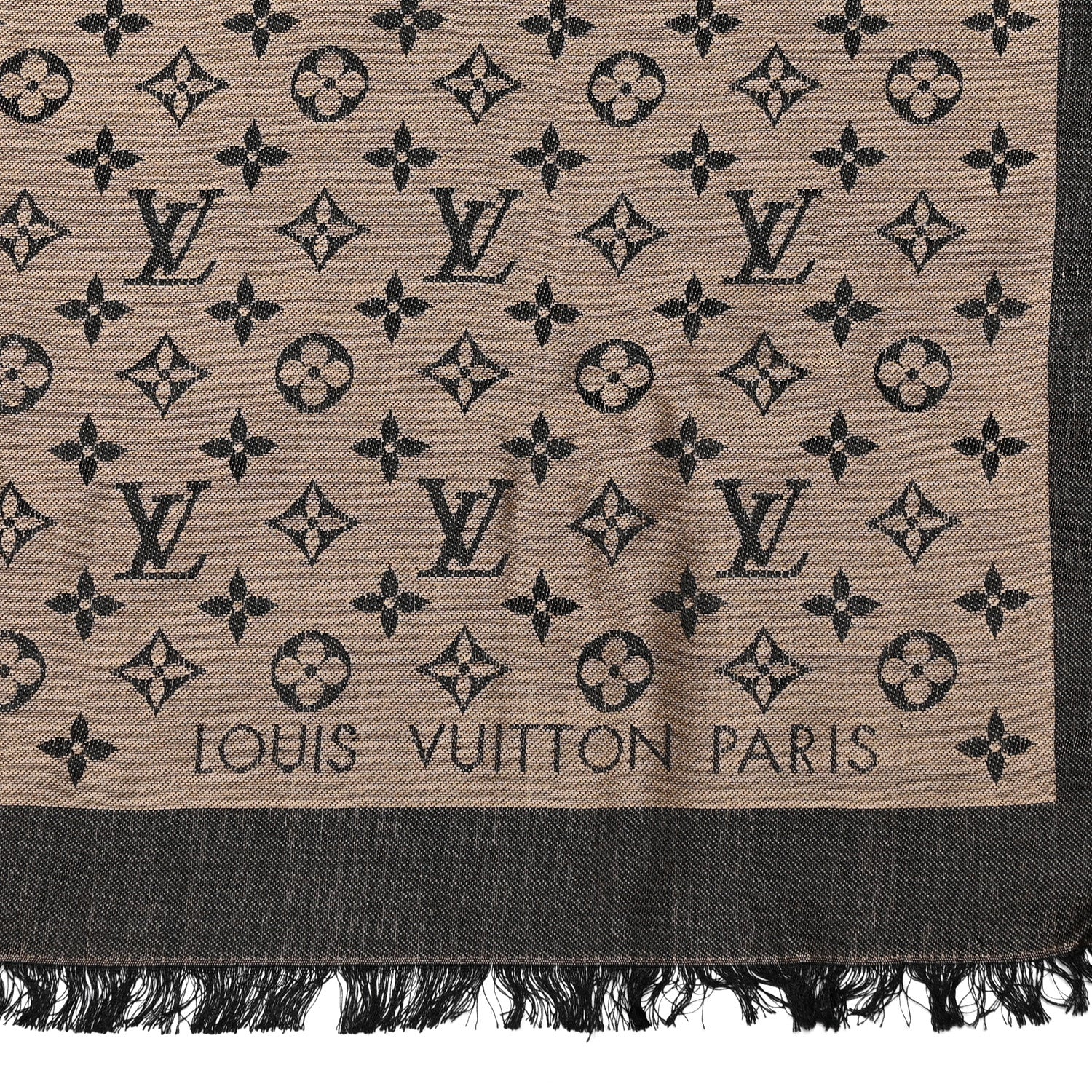 Louis Vuitton Wool Silk Monogram Denim Shawl Beige Black 2 of 7