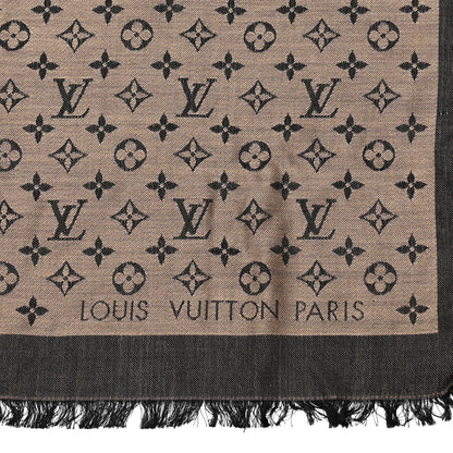Louis Vuitton Wool Silk Monogram Denim Shawl Beige Black 2 of 7