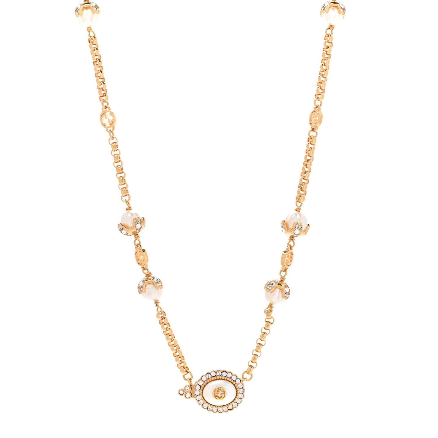 Gucci Pearl Crystal Embellished Interlocking G Necklace Pink Aged Gold 1 of 7