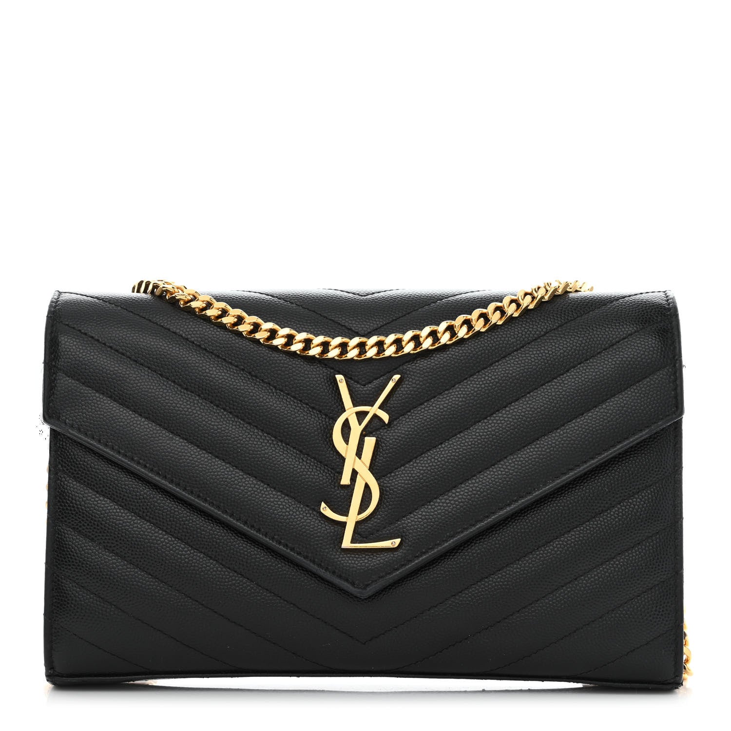 Saint Laurent Grain De Poudre Matelasse Chevron Monogram Chain Wallet Black 1 of 11