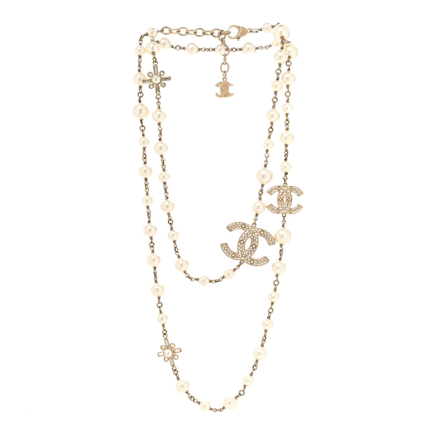 Crystal Baguette Pearl CC Cross Necklace Gold