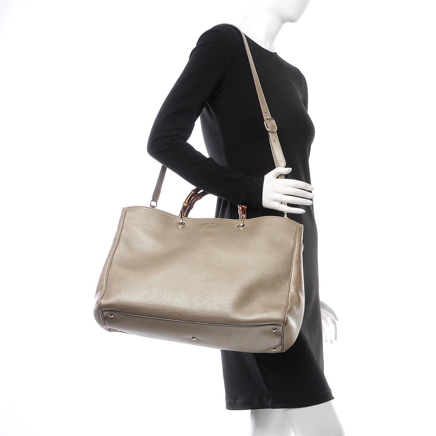 Gucci Metallic Pebbled Calfskin Large Bamboo Shopper Tote Golden Beige 3 of 11