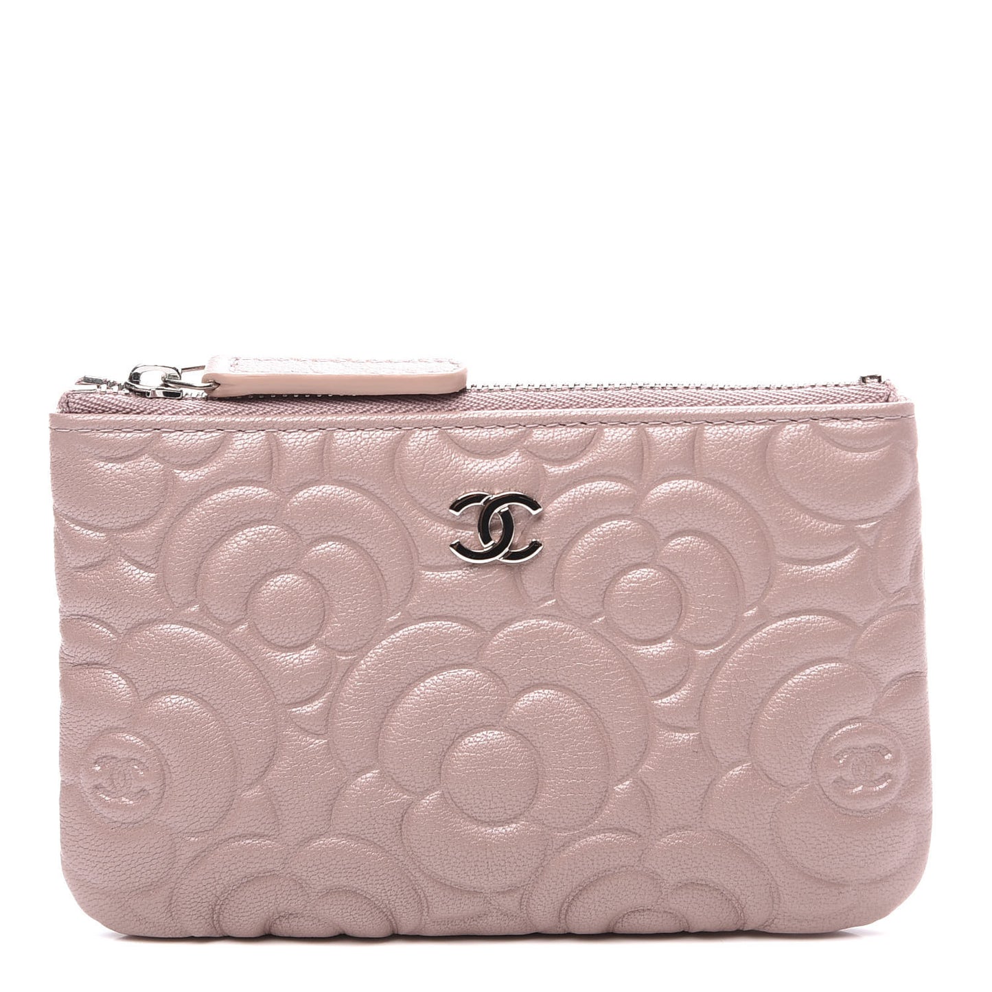 Goatskin Camellia Embossed Cosmetic Pouch Light Pink