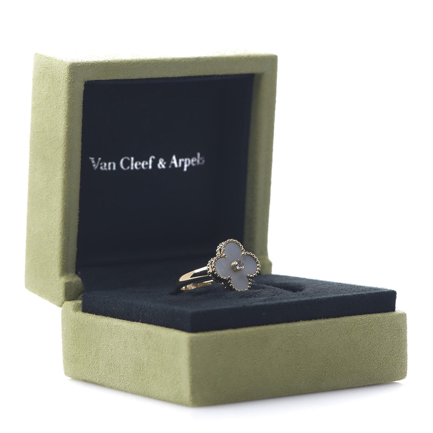 18K Yellow Gold Diamond Mother of Pearl Vintage Alhambra Ring 52 6
