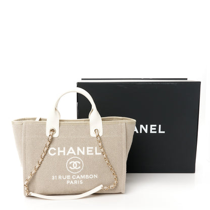 Chanel Mixed Fibers Calfskin Small Deauville Tote Beige White 13 of 13