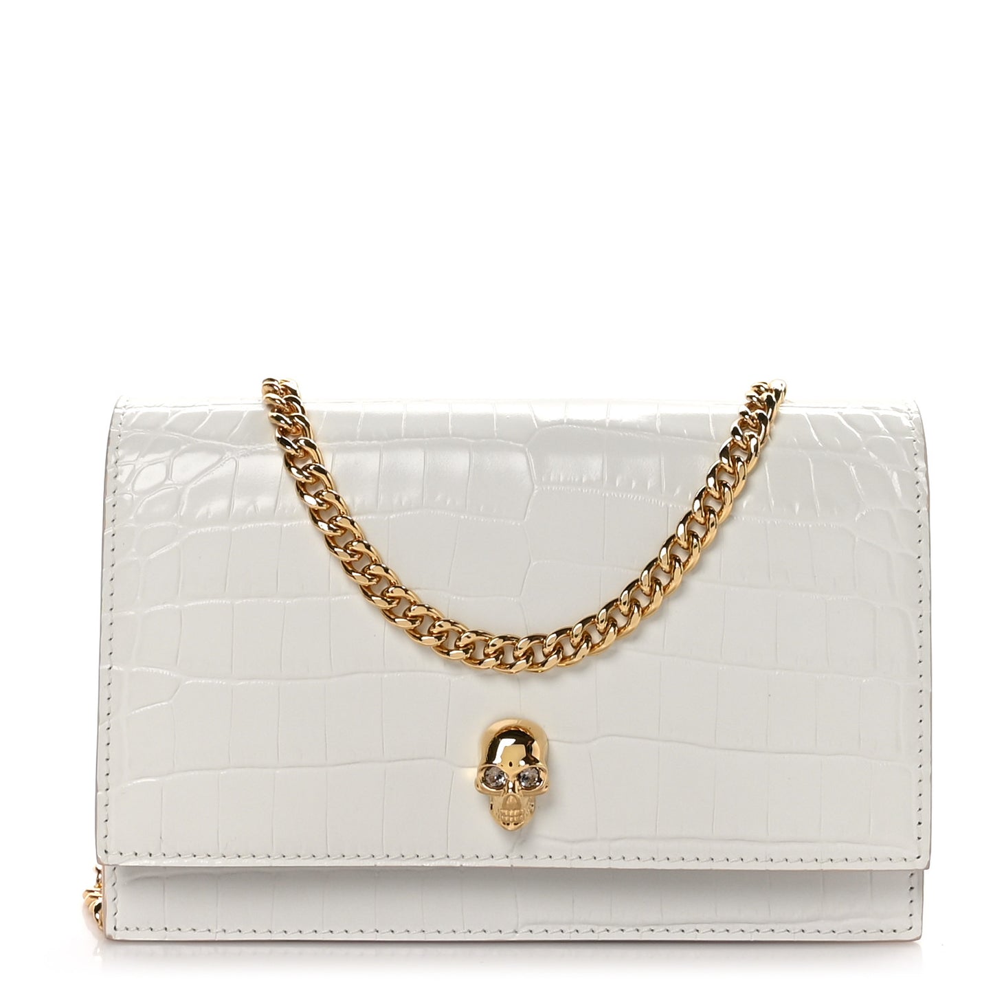 ALEXANDER MCQUEEN Calfskin Crocodile Embossed Skull Mini Crossbody Bag White