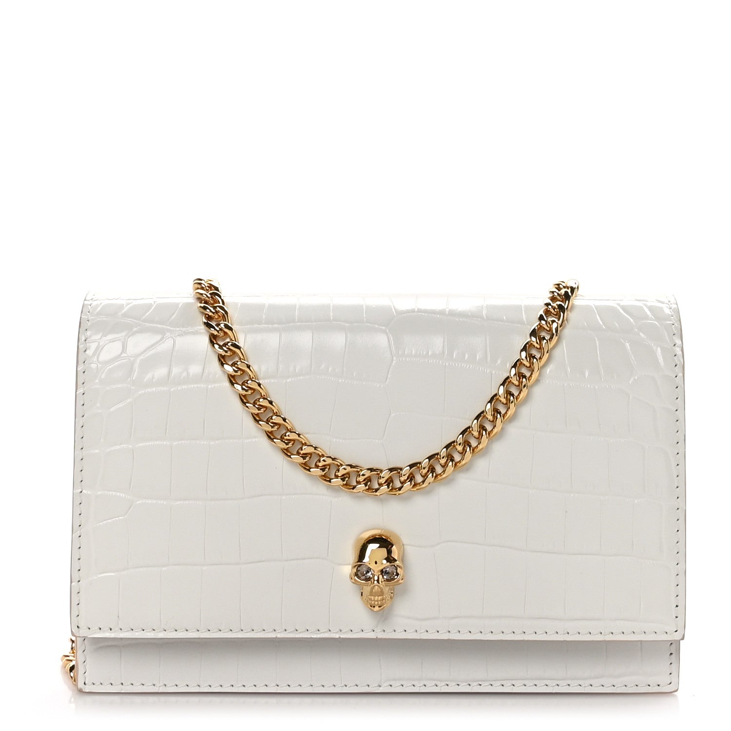 Alexander McQueen ALEXANDER MCQUEEN Calfskin Crocodile Embossed Skull Mini Crossbody Bag White 1 of 9