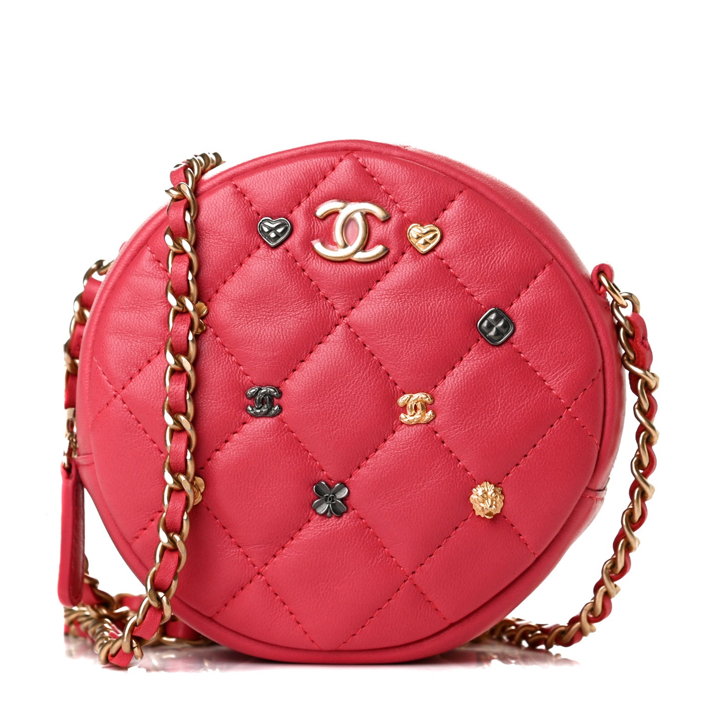 Lambskin Quilted Studded Round Clutch With Chain Dark Pink
