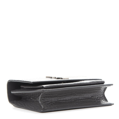 Saint Laurent Calfskin Crocodile Embossed Monogram Sunset Chain Wallet Graphite 4 of 8