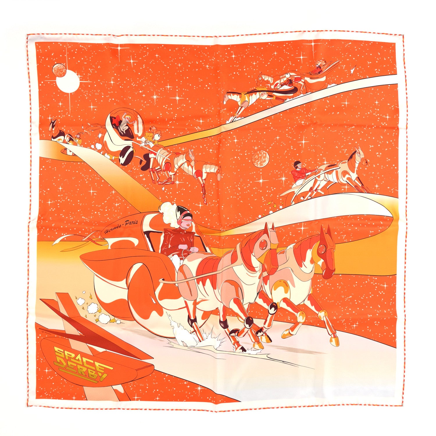 Hermes Silk Space Derby Scarf 90 Orange Creme Roux 1 of 5