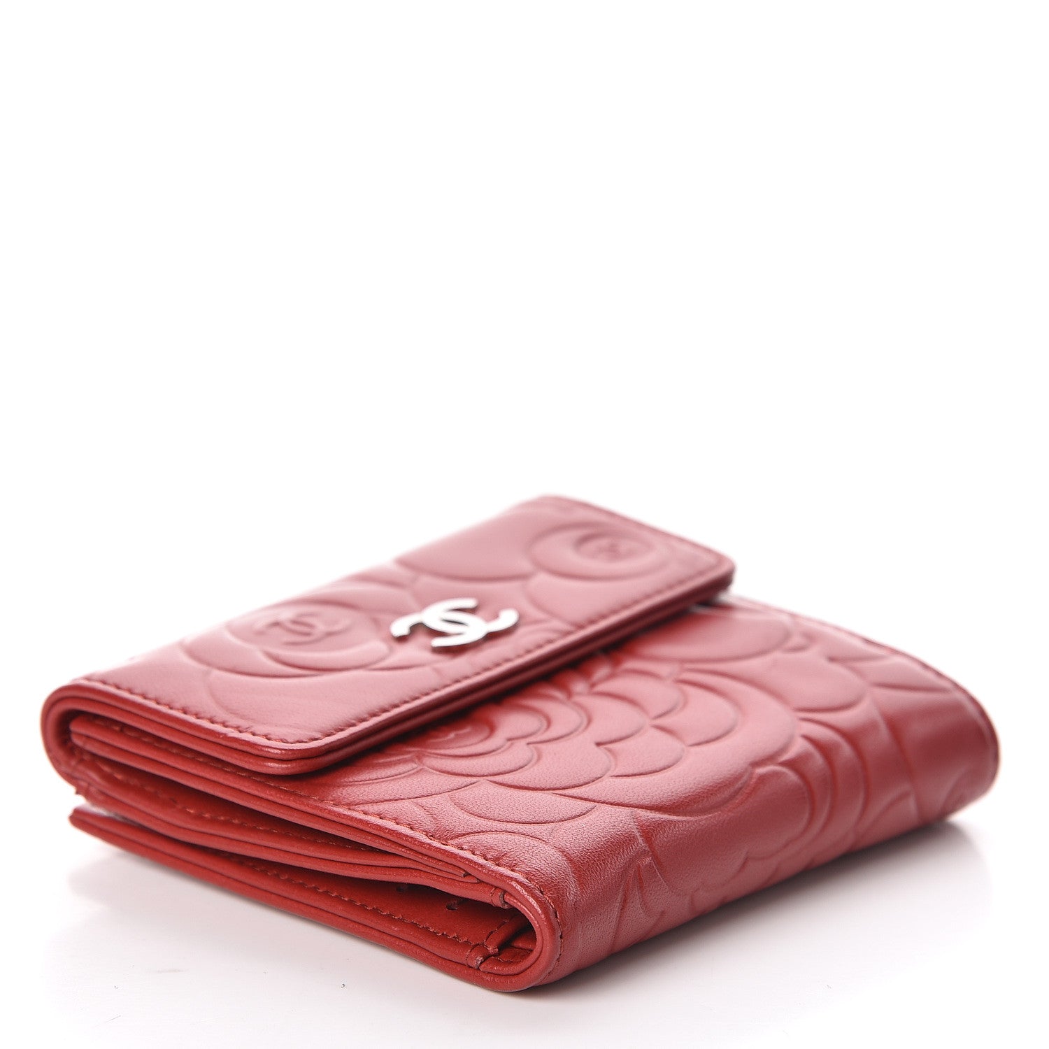 Chanel Lambskin Camellia Embossed French Wallet Dark Red 4 of 9