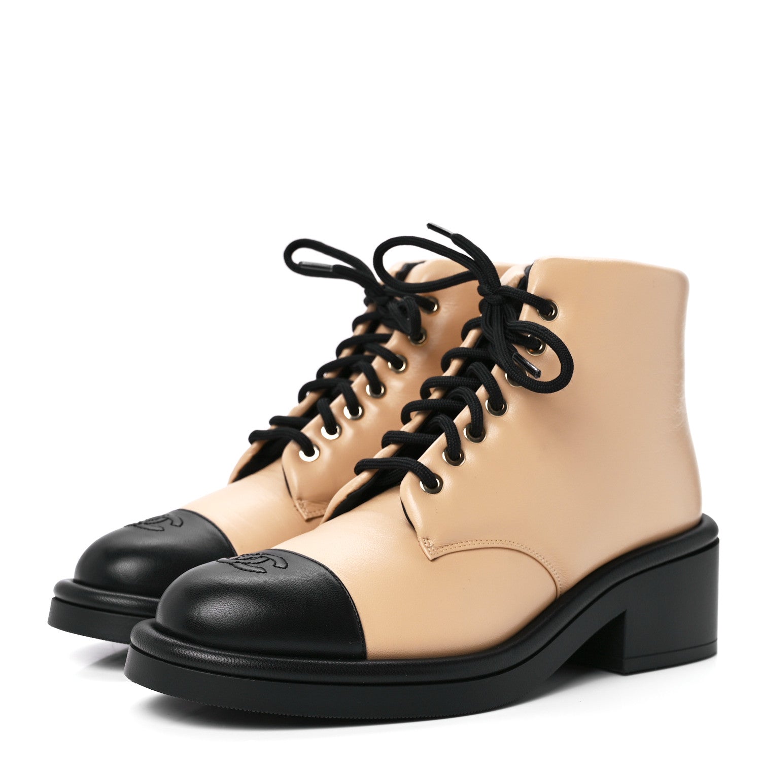 Chanel Lambskin Lace Up Combat Boots 39.5 Beige Black 3 of 8