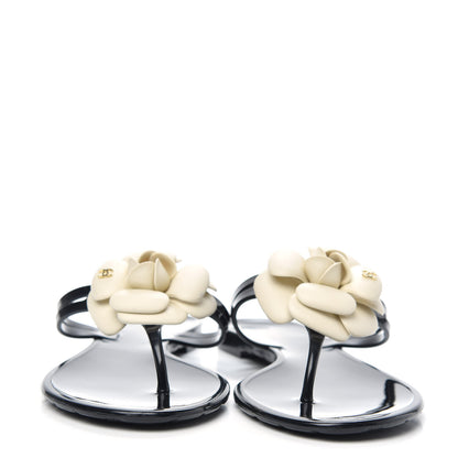 Chanel Jelly Camellia Thong Sandals 39 Black Ivory 2 of 9