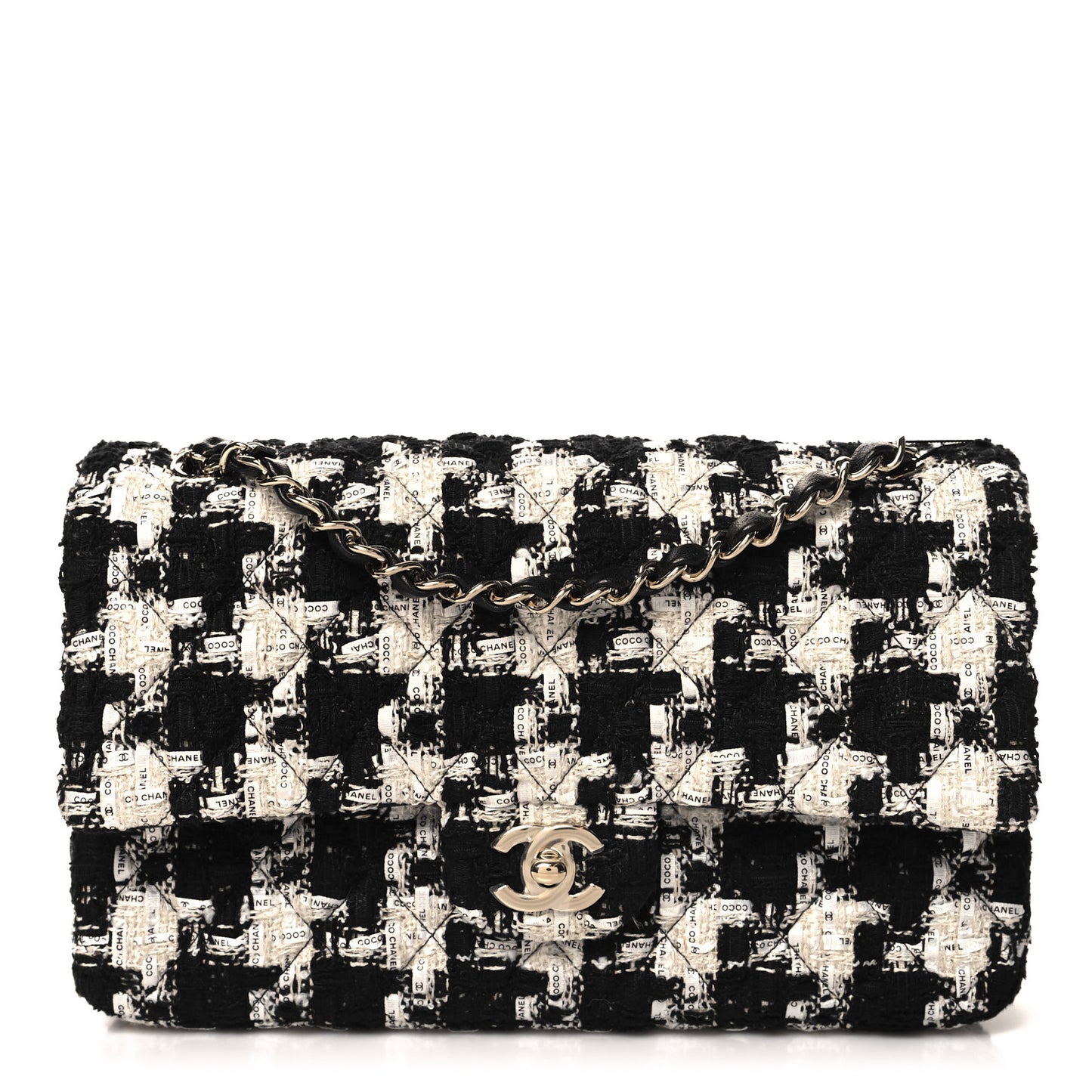 Tweed Quilted Medium Double Flap Black Ecru White