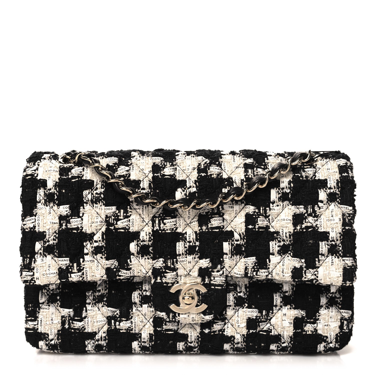 Chanel Tweed Quilted Medium Double Flap Black Ecru White 1 of 11