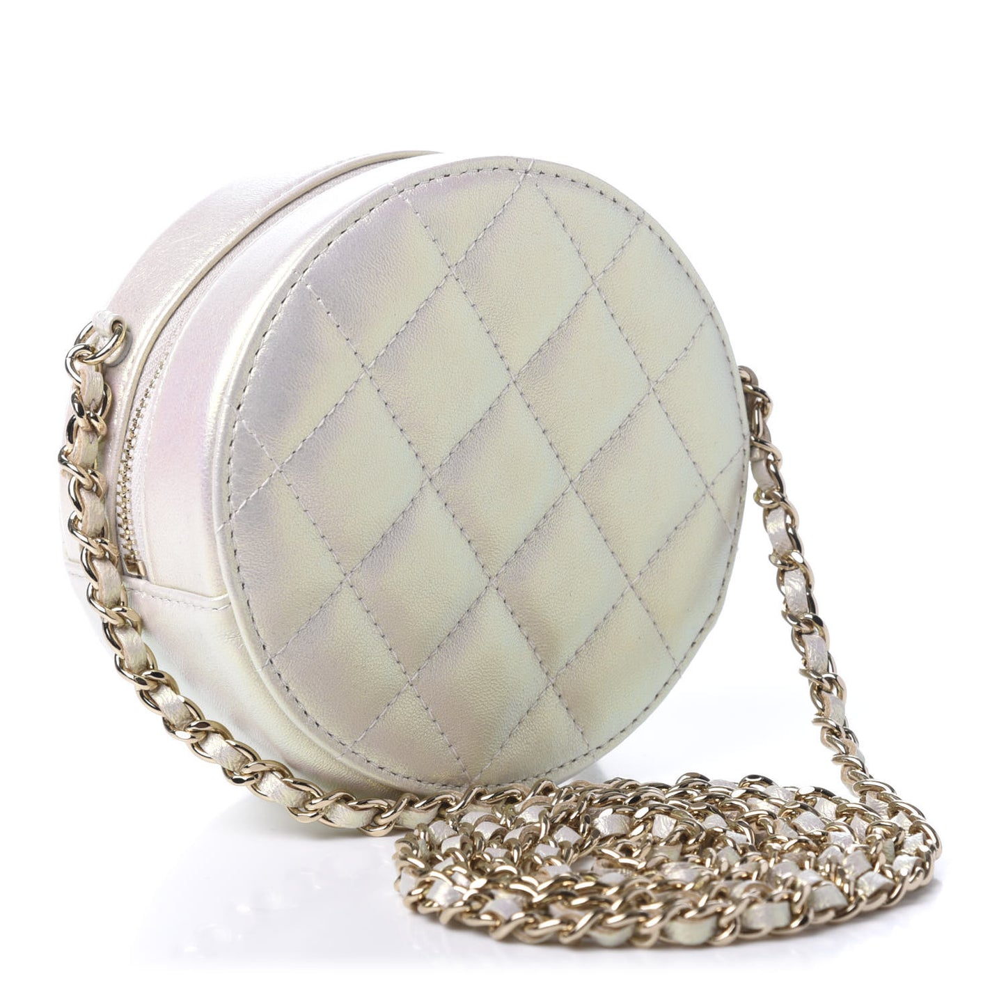 Iridescent Lambskin Quilted Round Clutch With Chain Ivory