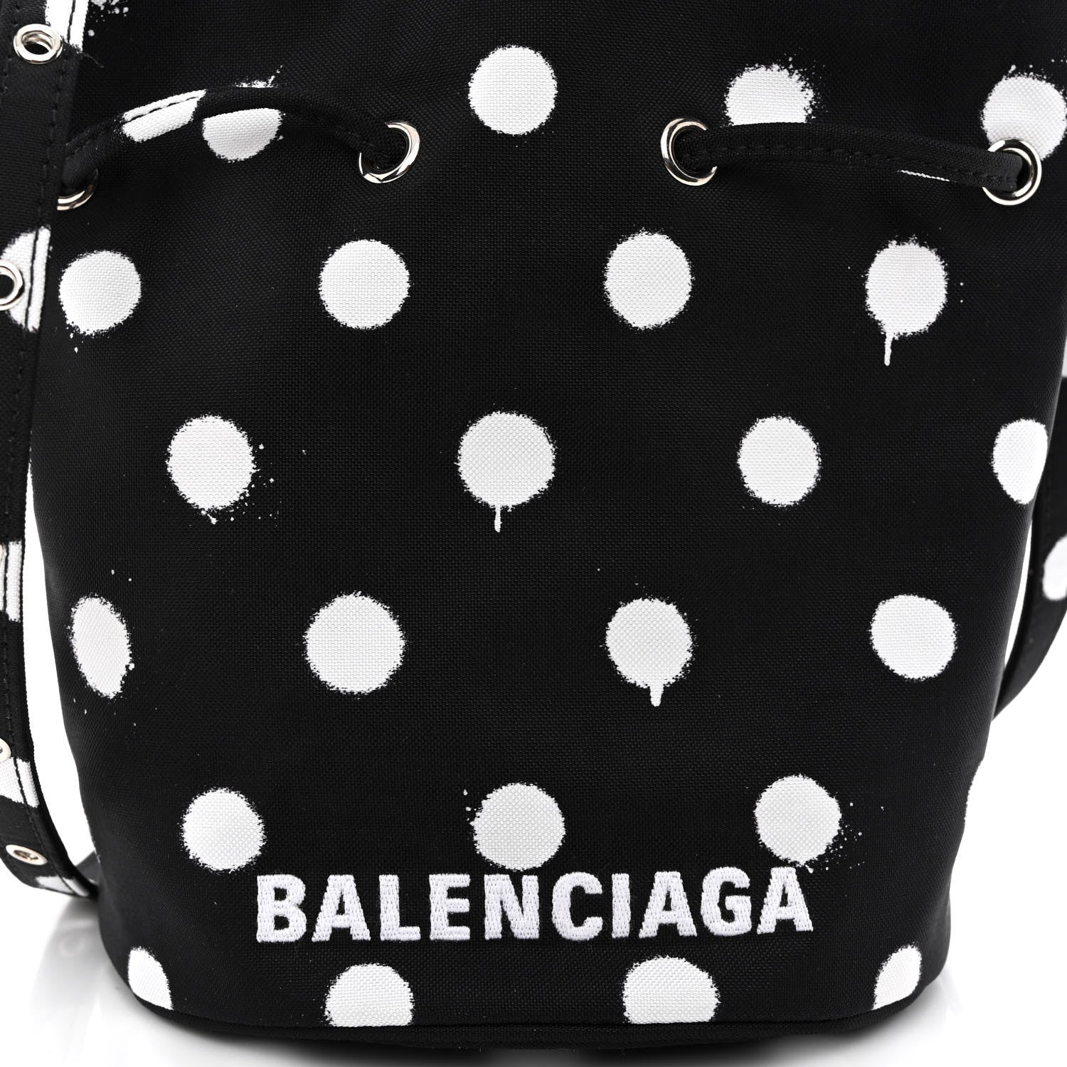 Balenciaga Recycled Sport Nylon Polka Dot Logo Embroidered Wheel Drawstring Bucket Bag Black White 8 of 10