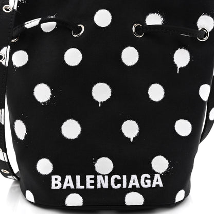 Balenciaga Recycled Sport Nylon Polka Dot Logo Embroidered Wheel Drawstring Bucket Bag Black White 8 of 10
