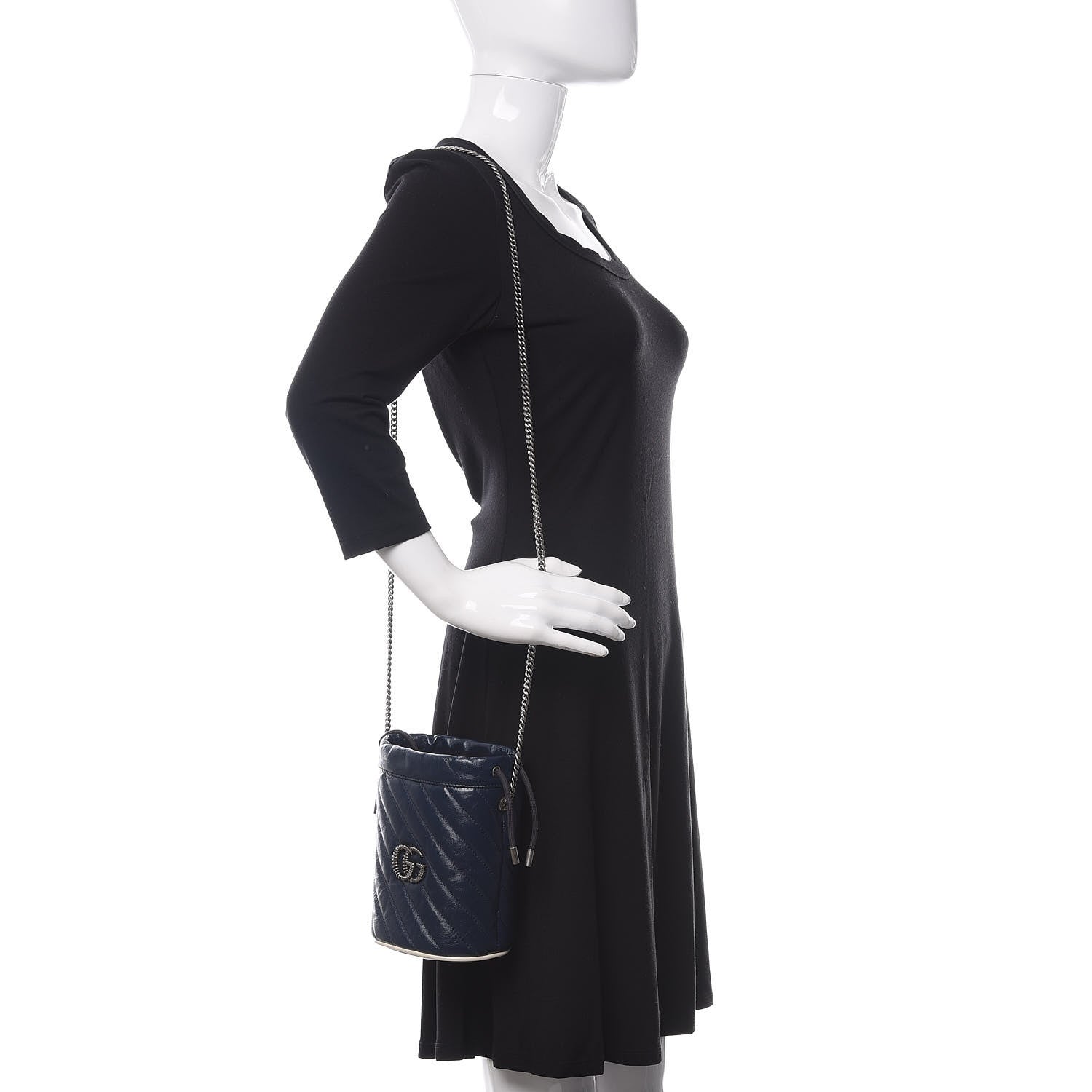 Gucci Vintage Effect Calfskin Matelasse Diagonal Mini Torchon GG Marmont 2.0 Bucket Bag Blue Agata Mystic White 2 of 11
