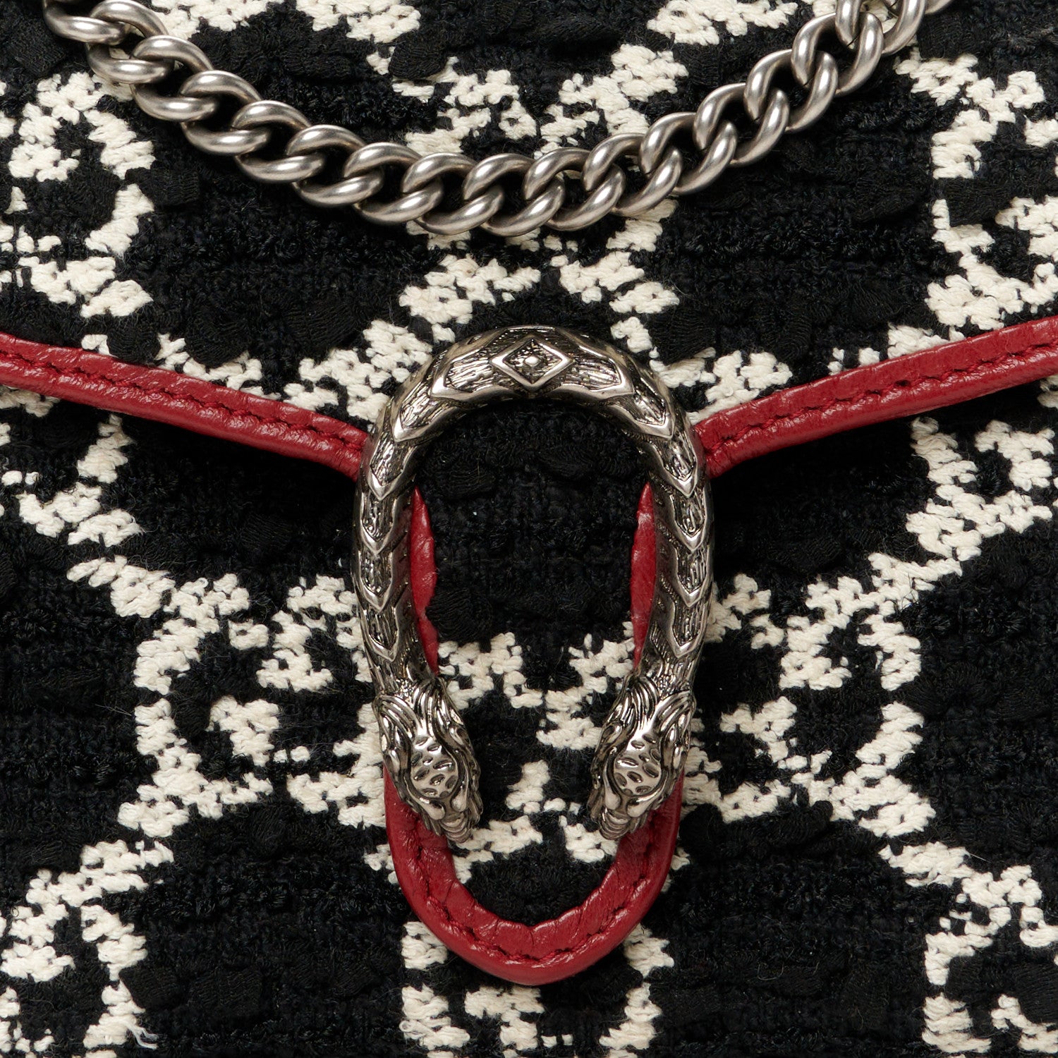Gucci Tweed GG Monogram Mini Dionysus Chain Wallet Black White Romantic Cherry 8 of 10