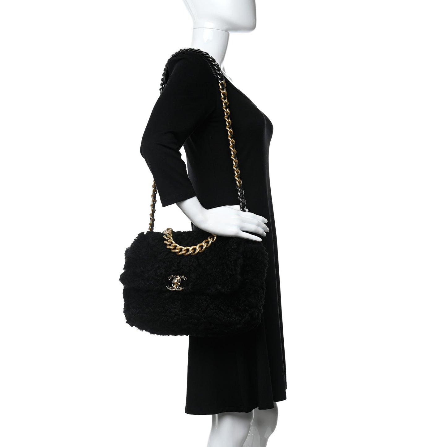 Shearling Sheepskin Large Chanel 19 Flap Black