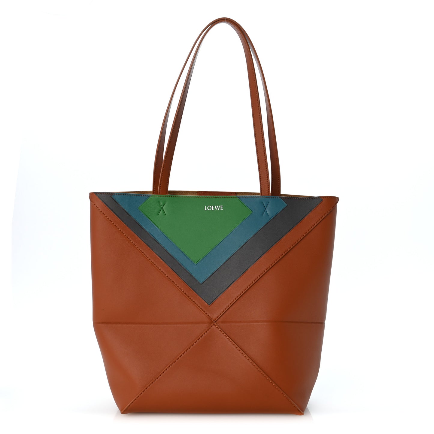 x Albers Calfskin Medium Puzzle Fold Tote Caramel Bright Green