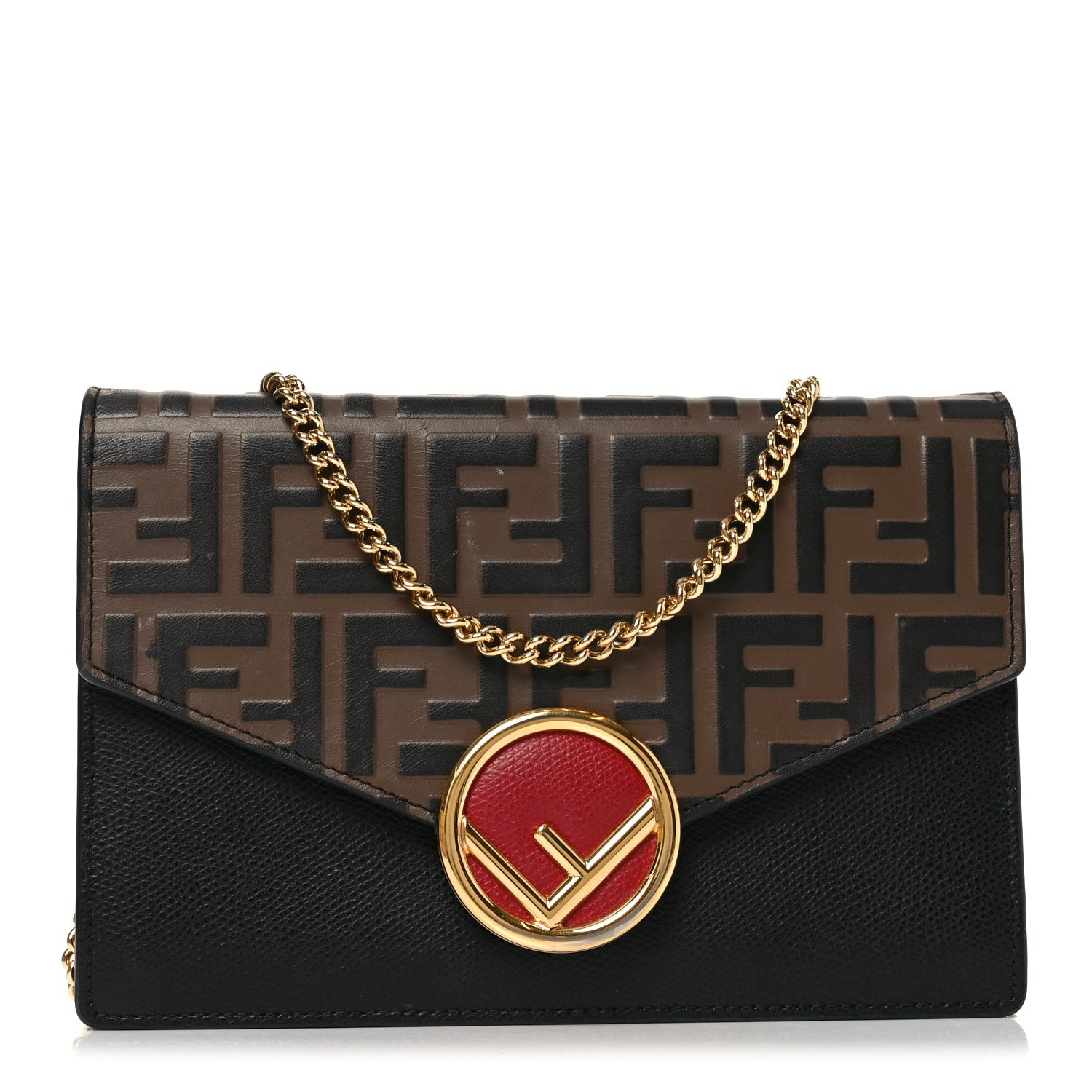 Fendi Vitello Cruise F is Fendi Bi-Color FF 1974 Embossed Medium Envelope Wallet On Chain Black Maya 1 of 10