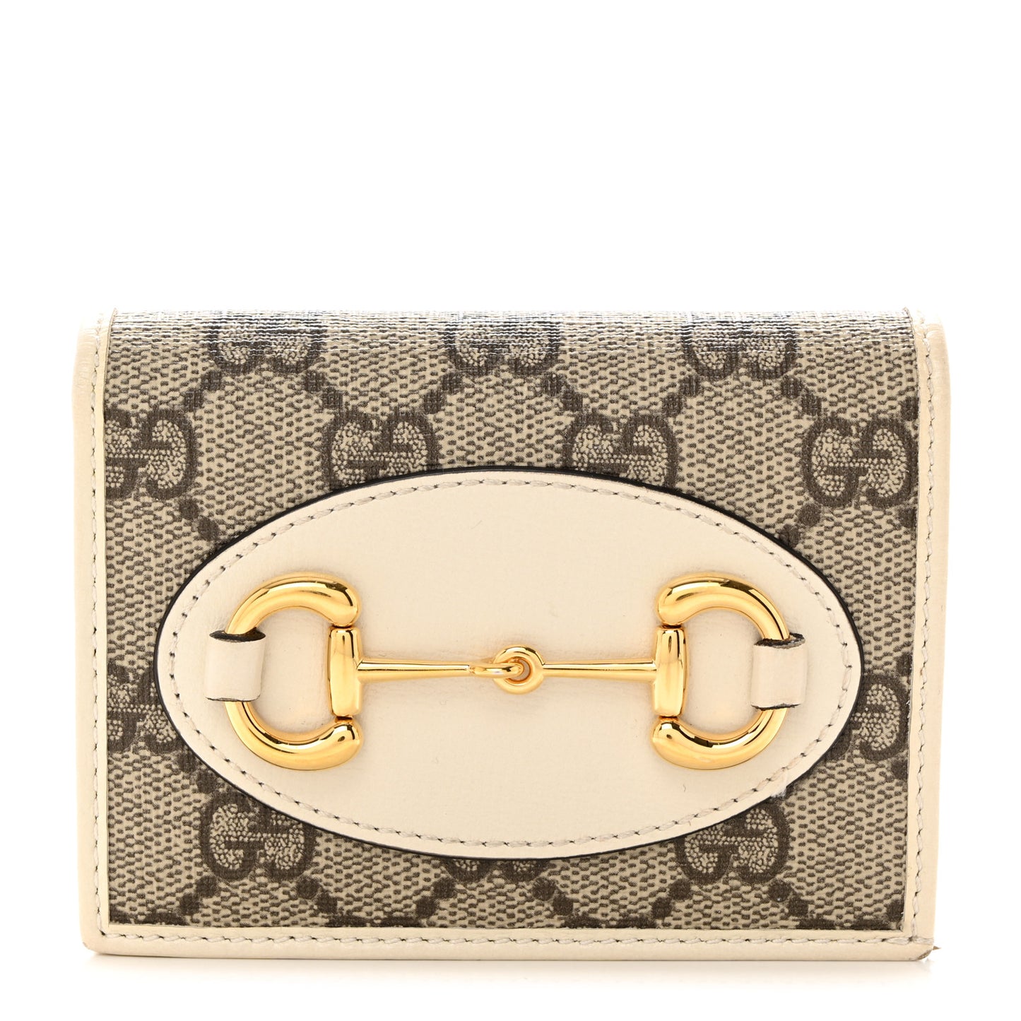 GG Supreme Monogram Azalea Calfskin Horsebit 1955 Card Case Wallet Beige Ebony Mystic White