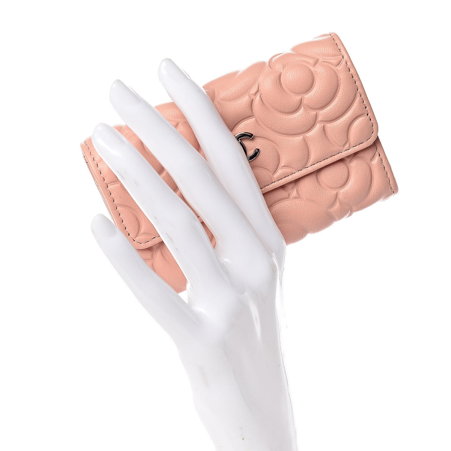 Goatskin Camellia Embossed Flap Card Holder Pink