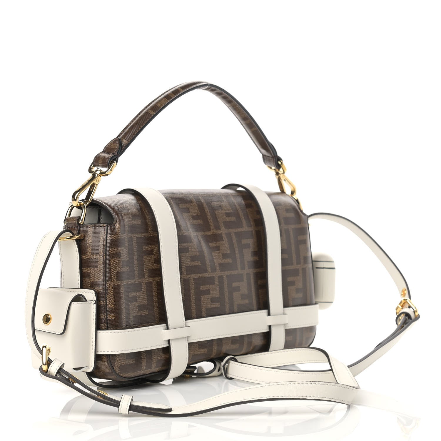 Fendi Glazed Fabric Vitello Century FF 1974 Large Baguette Cage Mogano Panna White Ice 3 of 11