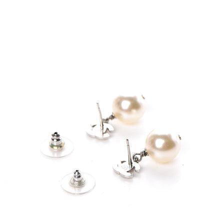 Chanel Crystal Pearl CC Drop Earrings Silver Pearly White 3 of 5