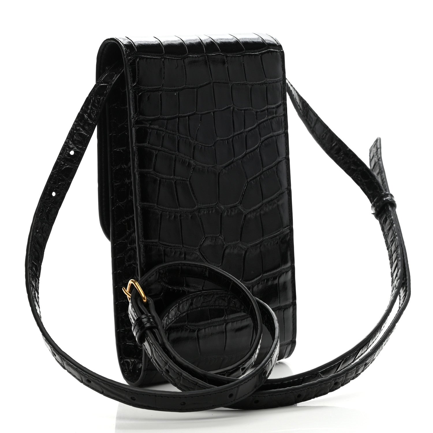 Balenciaga Shiny Calfskin Crocodile Embossed B Phone Holder Black 2 of 8