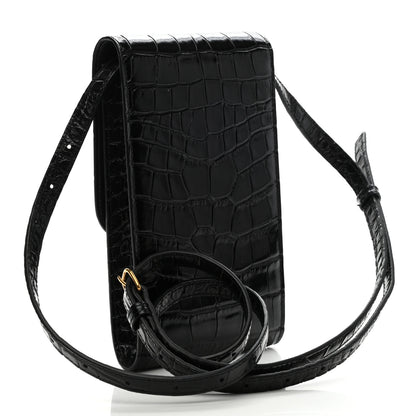 Balenciaga Shiny Calfskin Crocodile Embossed B Phone Holder Black 2 of 8