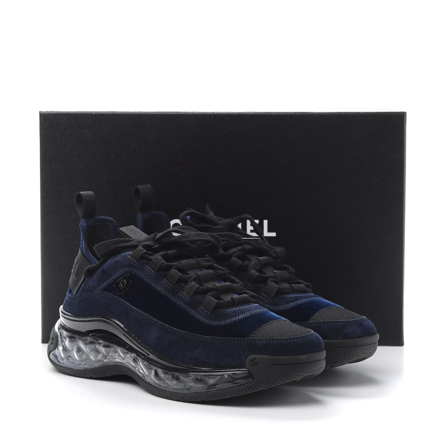 Suede Calfskin Velvet Grosgrain CC Sneakers 38 Navy Blue Black