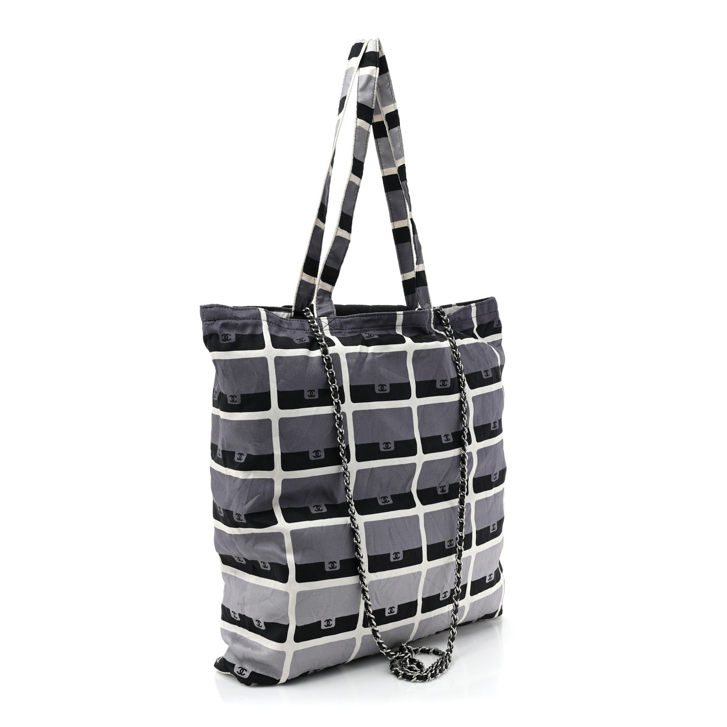 Jersey Fabric Quilted Foldable Tote With Chain Black Multicolor