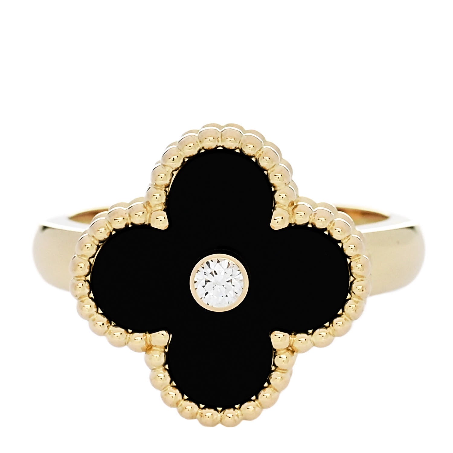 Van Cleef & Arpels 18K Yellow Gold Black Onyx Diamond Vintage Alhambra Ring 51 5.75 1 of 5