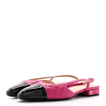 Chanel Lambskin Patent Cap Toe CC Slingback Flats 37 Pink Black 3 of 11