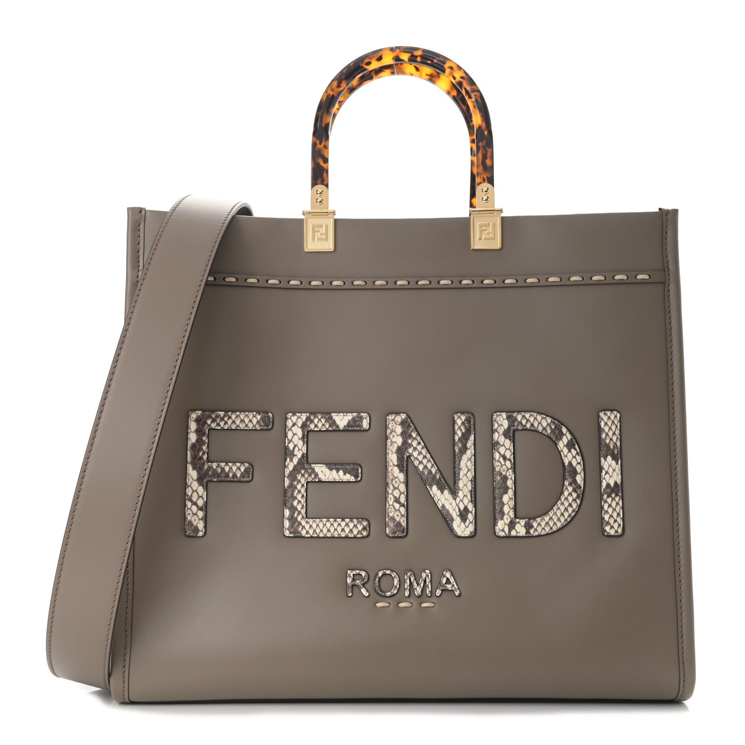 Fendi Vitello King Plexiglass Elaphe Python Print Logo Medium Fendi Sunshine Shopper Tote Tartufo Daisy Roccia 1 of 8