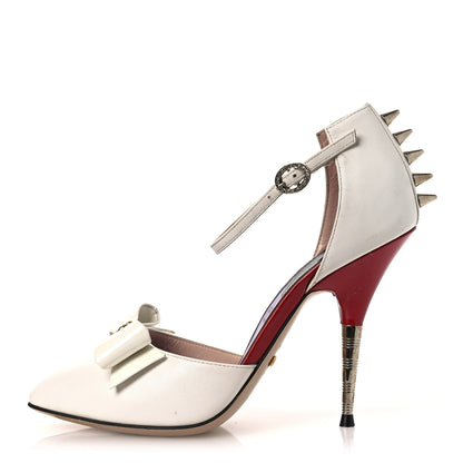 Gucci Calfskin Crystal GG Bow Sadie Spike Ankle Strap d'Orsay High Heel Pumps 35.5 White 1 of 14