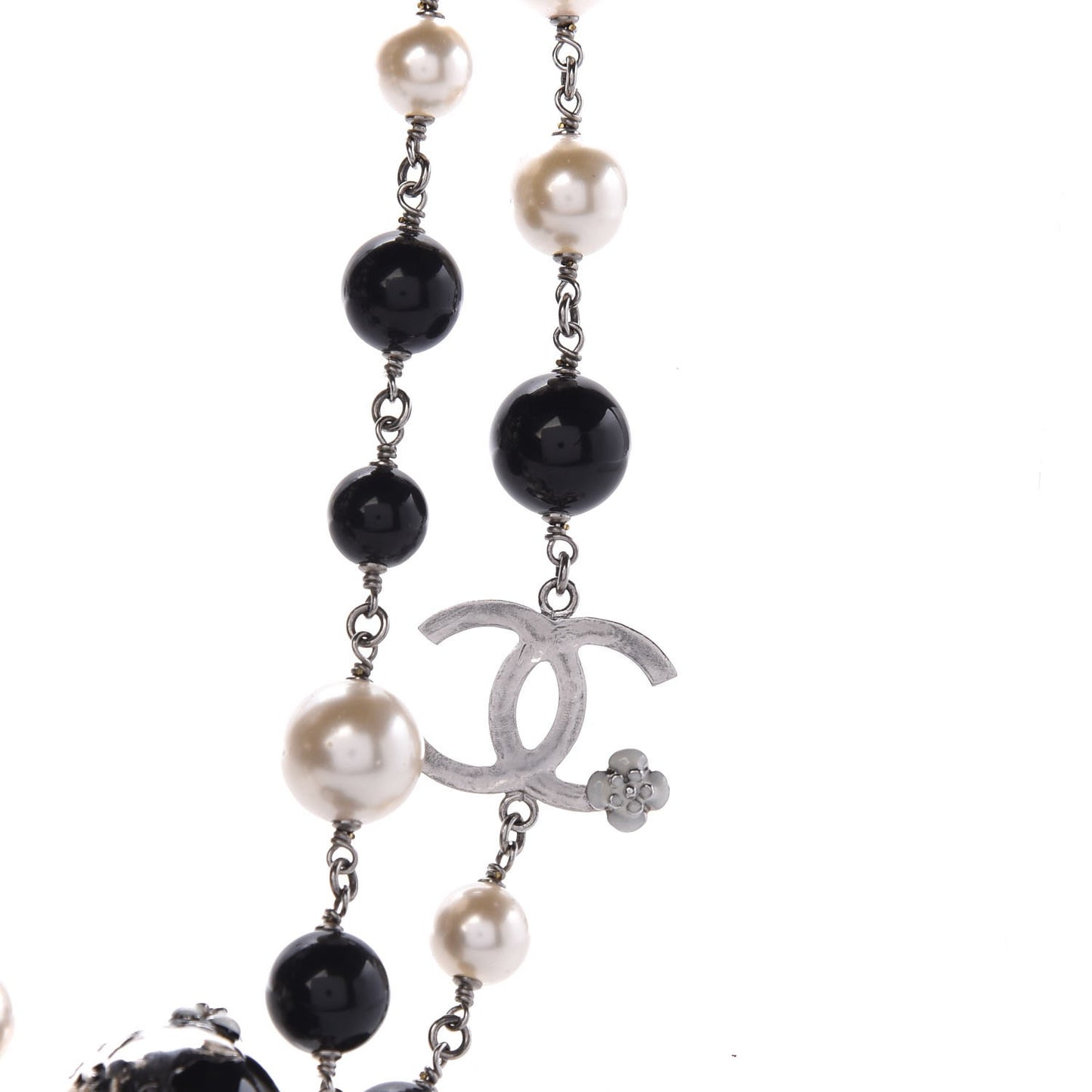 Beaded Globe Pearl CC Long Necklace Silver