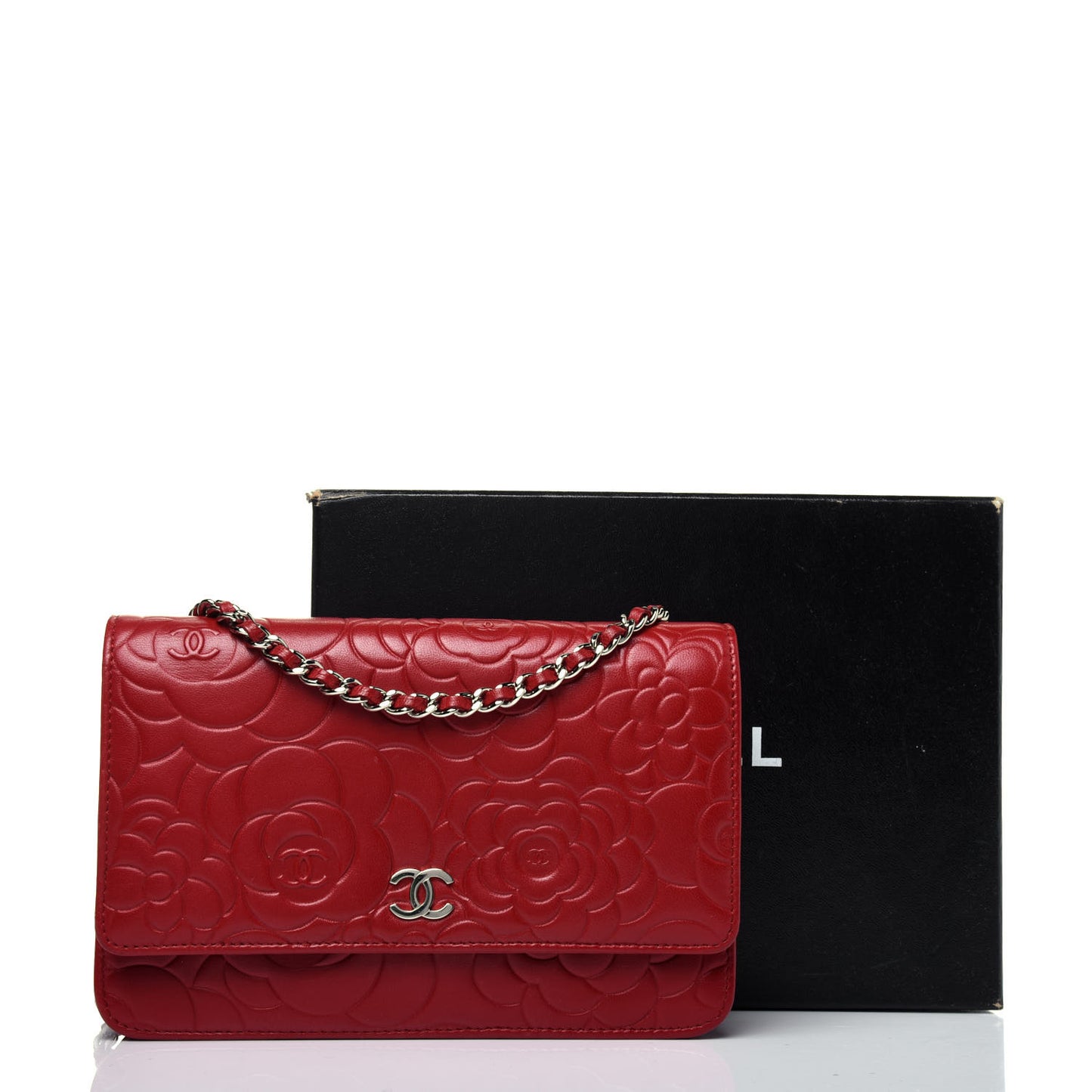 Lambskin Camellia Embossed Wallet On Chain WOC Red