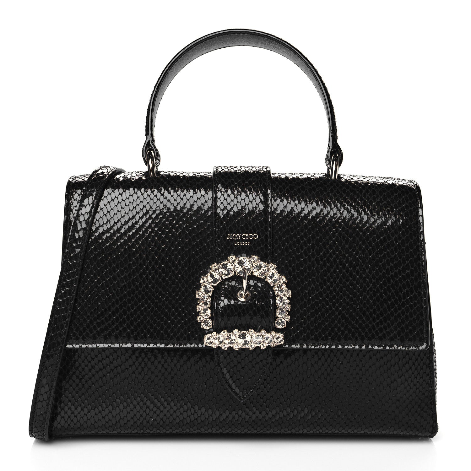 Jimmy Choo Lizard Calfskin Embossed Cheri Top Handle Bag Black 1 of 9