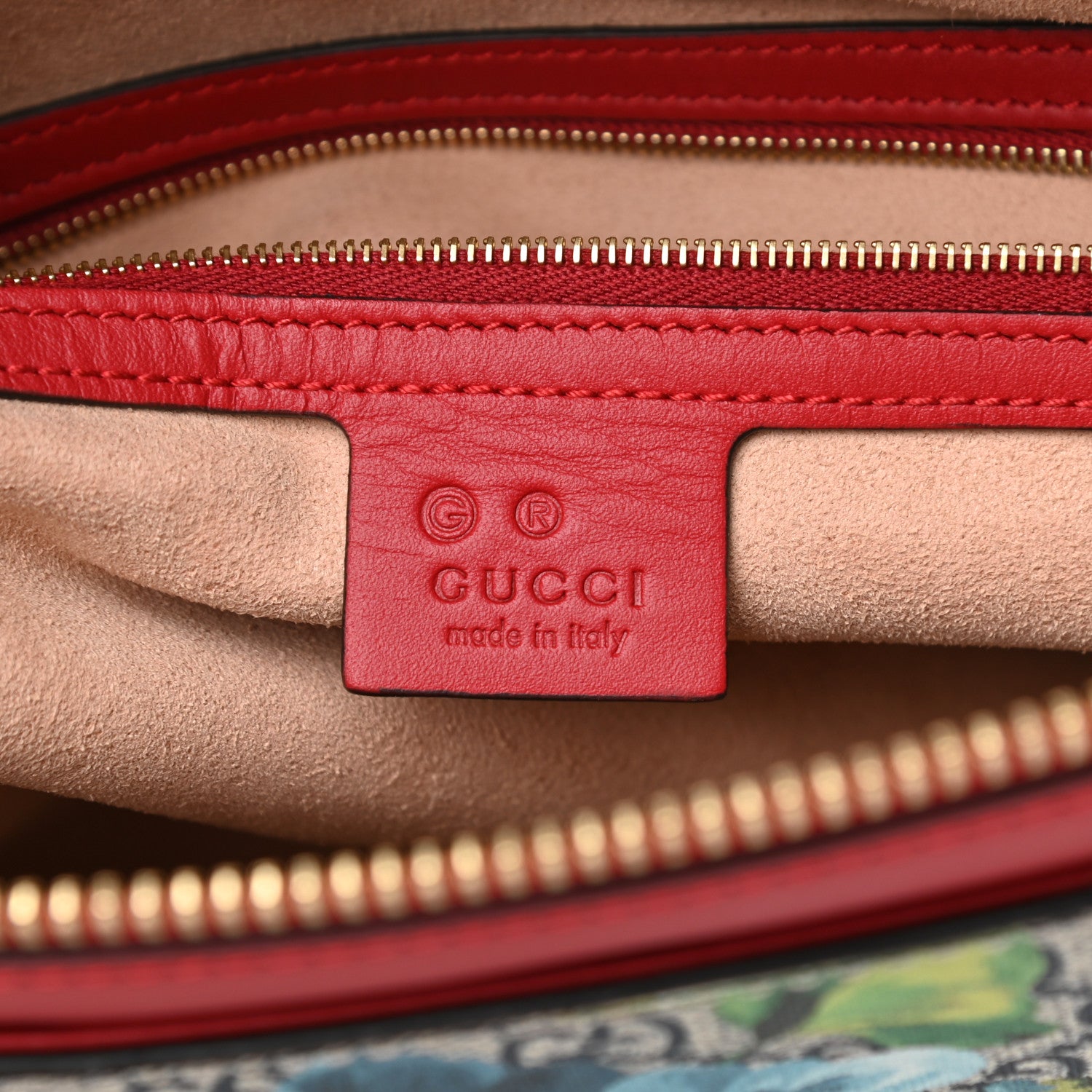 Gucci GG Supreme Monogram Blooms Medium Zippered Bucket Tote Beige Blue Navy Hibiscus Red 6 of 14