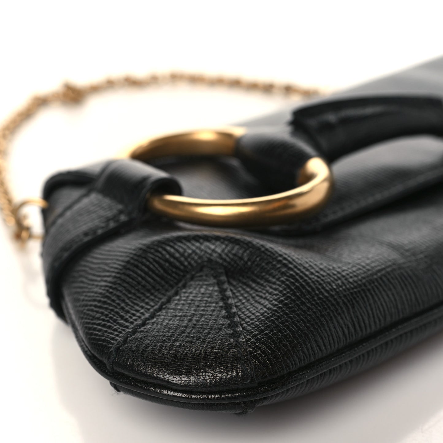 Textured Calfskin Horsebit Chain Clutch Black